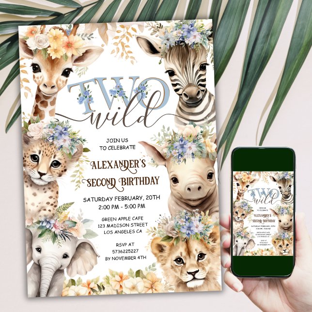 TWO Wild Safari Animals Boy 2nd Birthday  Invitation (Creator Uploaded)
