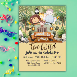 Two Wild Safari Animals Driving Car 2nd Birthday  Invitation
