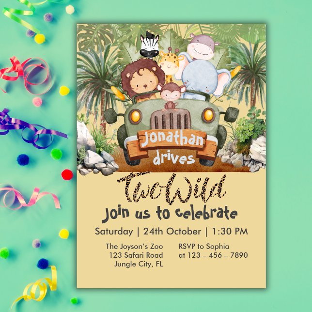 Two Wild Safari Animals Driving Car 2nd Birthday  Invitation (Creator Uploaded)
