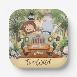 Two Wild Safari Animals Driving Car 2nd Birthday Paper Plate