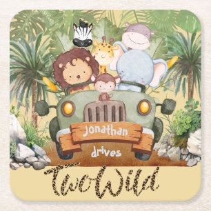 Two Wild Safari Animals Driving Car 2nd Birthday  Square Paper Coaster