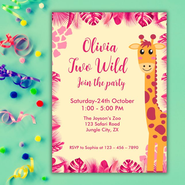 Two Wild Safari Animals  Giraf Girl Pink 2nd Bday Invitation (Creator Uploaded)