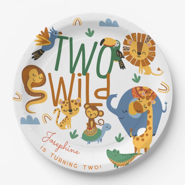 Two wild safari animals kids birthday party paper plate (Front)