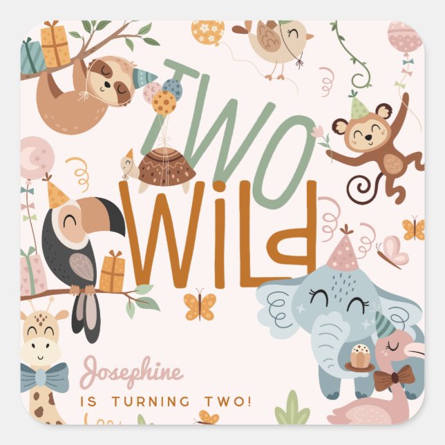 Two wild safari animals kids birthday party square sticker (Front)