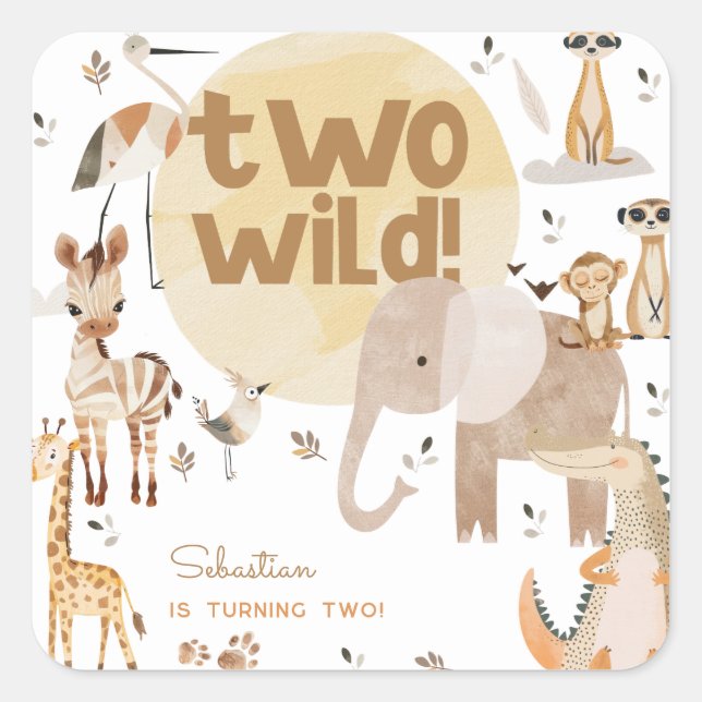Two wild safari animals kids birthday  square sticker (Front)
