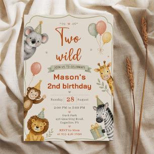 Two Wild Safari Animals Watercolor 2nd Birthday Invitation