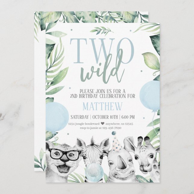 Two Wild Safari Birthday Invitation for a Boy (Front/Back)