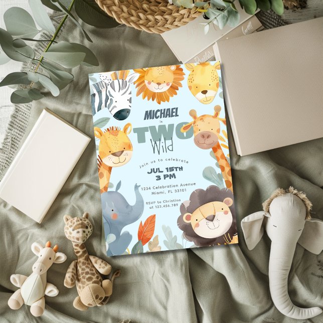 Two Wild Safari Boys 2nd Second Blue Birthday Invitation (Creator Uploaded)