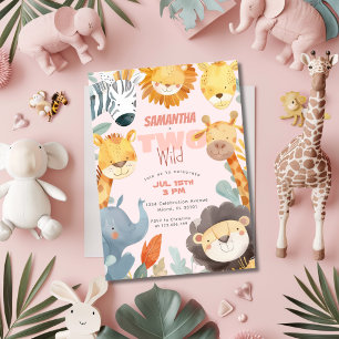Two Wild Safari Girls 2nd Second Pink Birthday Invitation