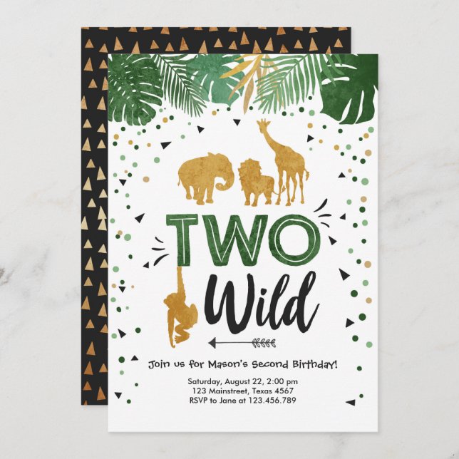Two Wild Safari Gold Boy Animals Birthday Party Invitation (Front/Back)