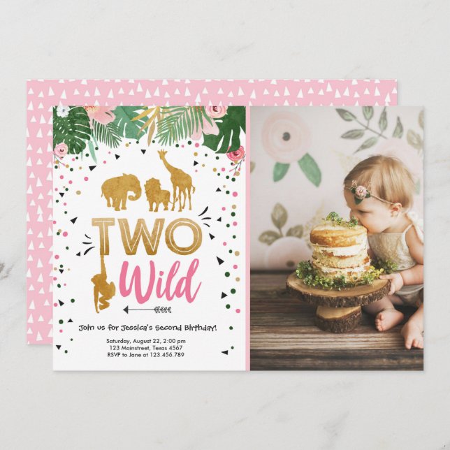 Two Wild Safari Gold Girl Animals Birthday Party Invitation (Front/Back)