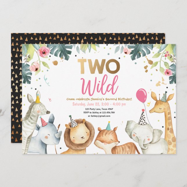 Two Wild Safari Gold Girl Animals Birthday Party Invitation (Front/Back)