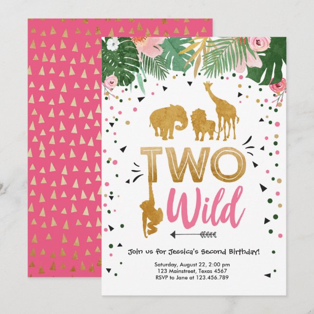 Two Wild Safari Gold Girl Animals Birthday Party Invitation (Front/Back)