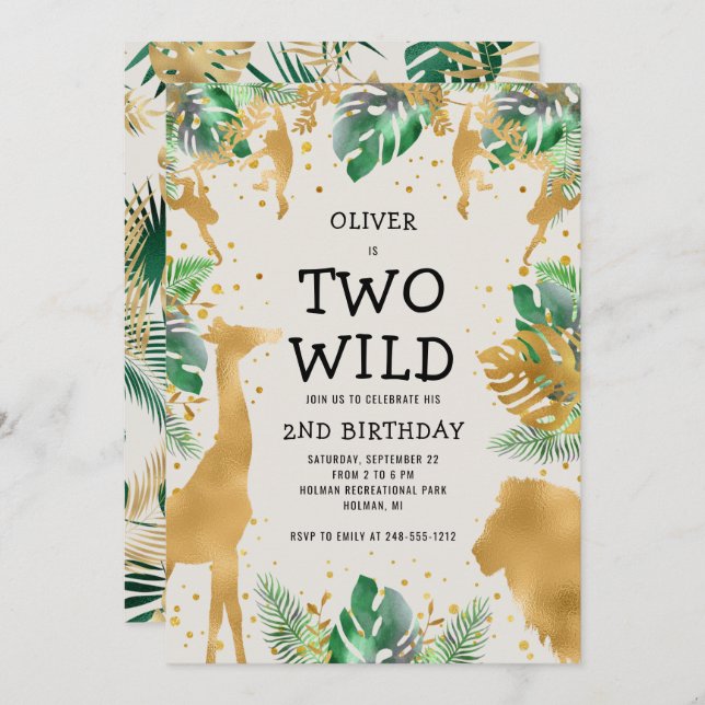 Two Wild Safari Green Gold Ecru 2nd Birthday Invitation (Front/Back)