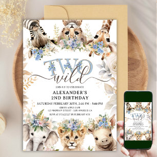 TWO WILD   Safari Jungle Animals 2nd Birthday Boy  Invitation