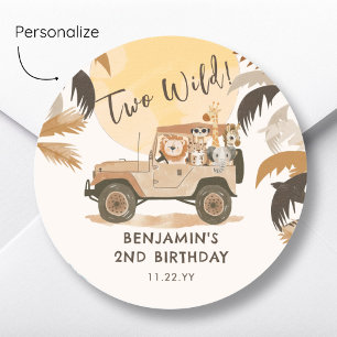 Two Wild Safari Jungle Animals 2nd Birthday Classic Round Sticker