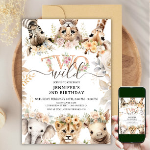 TWO WILD   Safari Jungle Animals 2nd Birthday Girl Invitation