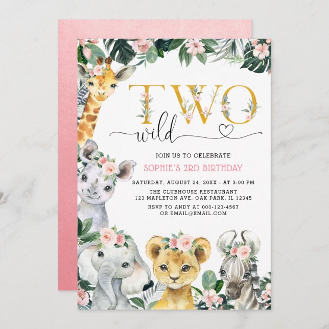 Two Wild Safari Jungle Animals 2rd Birthday Invita Invitation (Front/Back)