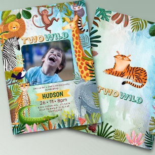 Two wild safari jungle animals boy birthday photo invitation