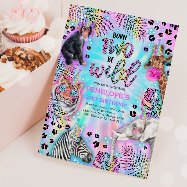 Two Wild Safari Neon Rainbow Cheetah Birthday Invitation (Creator Uploaded)