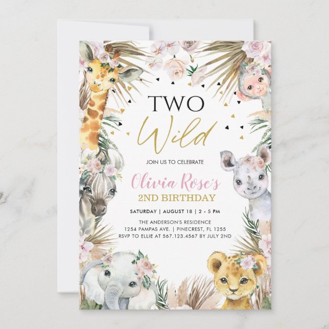 TWO WILD Safari Pampas Grass Animals 2nd Birthday  Invitation (Front)
