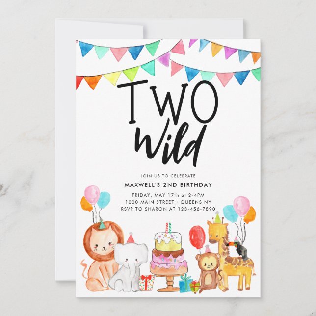 TWO WILD Safari Party Animals Kids 2nd Birthday Invitation (Front)