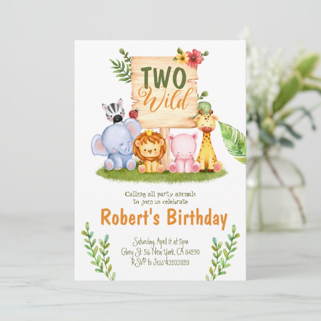 Two Wild Safari Party Birthday Invitation  (Standing Front)