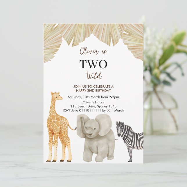 TWO WILD Safari Theme 2nd Birthday  Invitation (Standing Front)
