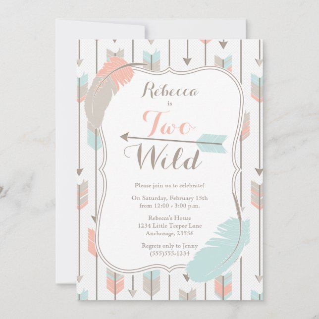 TWO Wild Tribal Arrows Second Birthday Party Pink Invitation (Front)