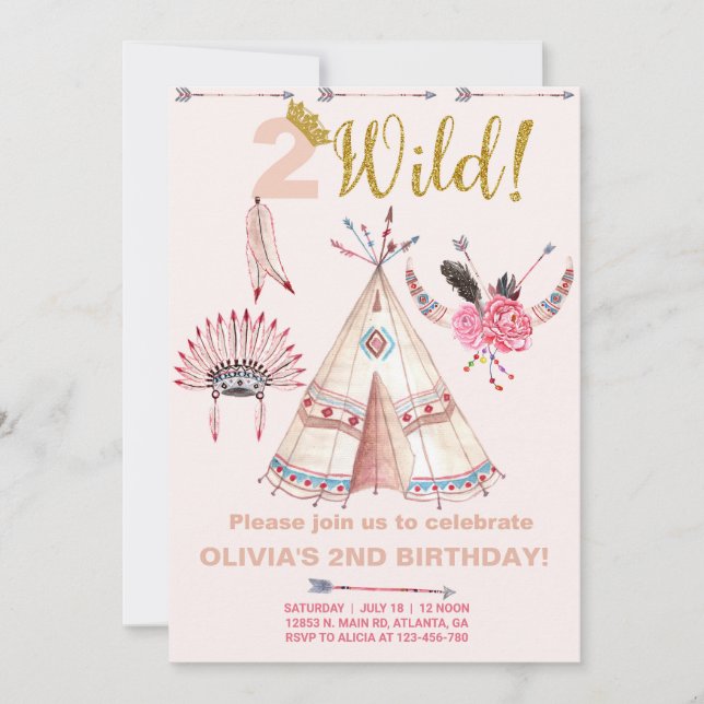 Two Wild tribal boho girl birthday invitation. Invitation (Front)