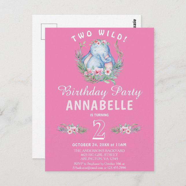 Two Wild Tropical Elephant Pink Birthday Invite Postcard (Front/Back)