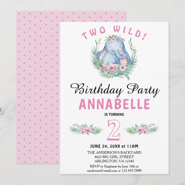 Two Wild Tropical Elephant Pink Birthday Party Invitation (Front/Back)