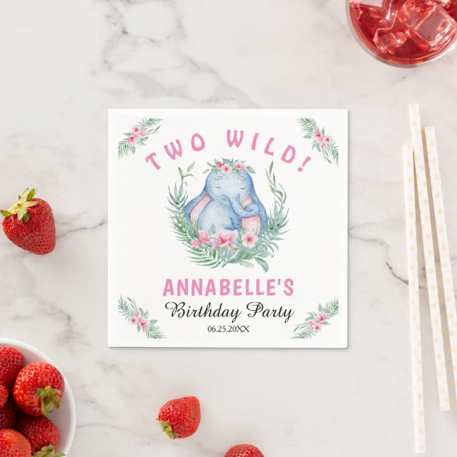 Two Wild Tropical Elephant Pink Birthday Party Nap Napkin (Insitu)