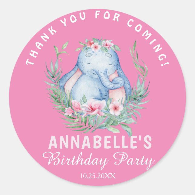 Two Wild Tropical Elephant Pink Birthday Thank You Classic Round Sticker (Front)
