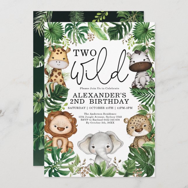 Two Wild Tropical Safari Animals 2nd Birthday Boy Invitation (Front/Back)