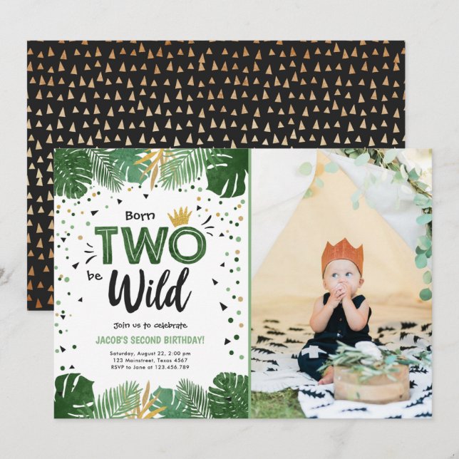 Two Wild Tropical Safari Gold Boy Second Birthday Invitation (Front/Back)