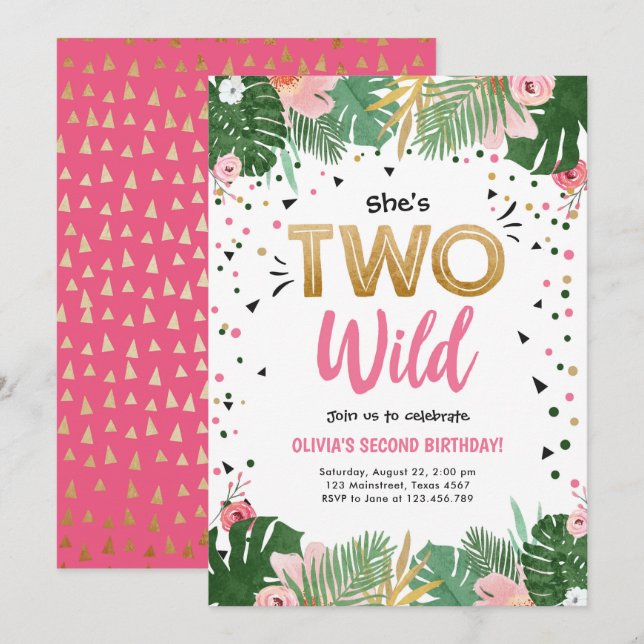 Two Wild Tropical Safari Gold Girl Second Birthday Invitation (Front/Back)