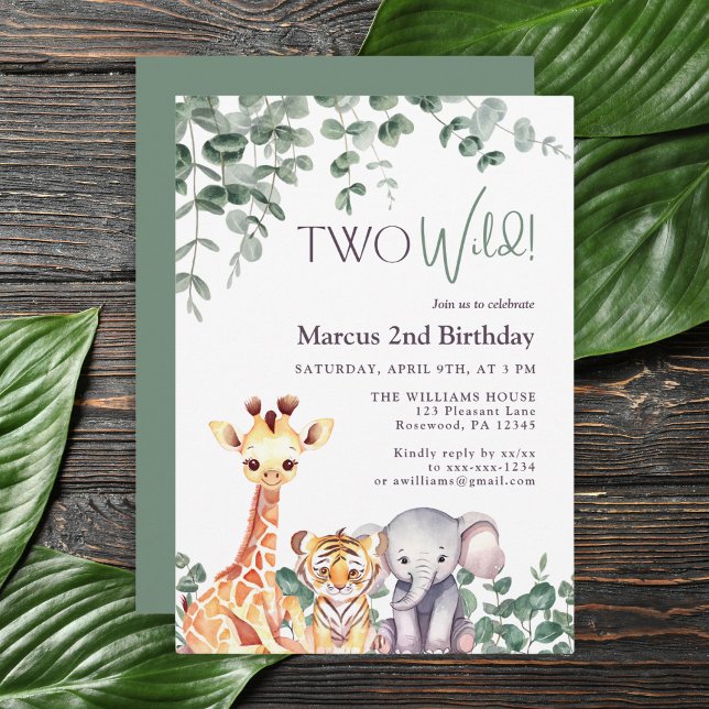 Two Wild Watercolor Safari Animals Second Birthday Invitation (Creator Uploaded)