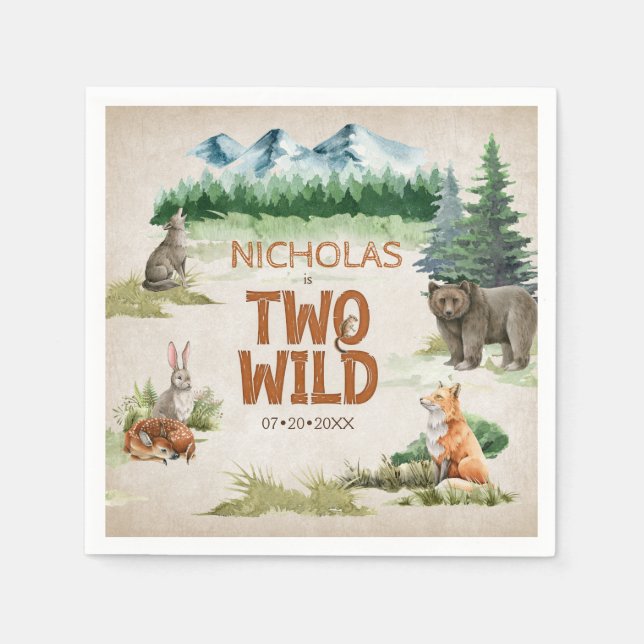 Two Wild Woodland Animal 2nd Birthday Party Napkin (Front)