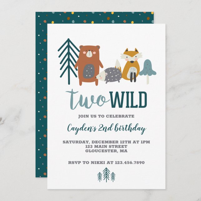 Two Wild Woodland Animal second Birthday Invitation (Front/Back)