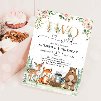 Two Wild Woodland Party Animals Girl 2nd Birthday Invitation