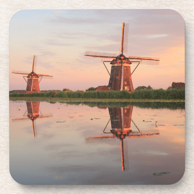 Two windmills with reflection at sunset coaster (Front)