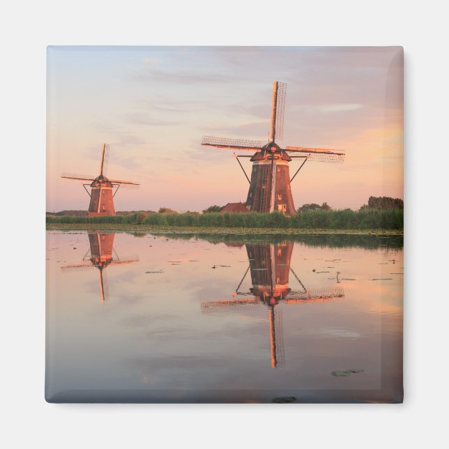 Two windmills with reflection at sunset magnet (Front)