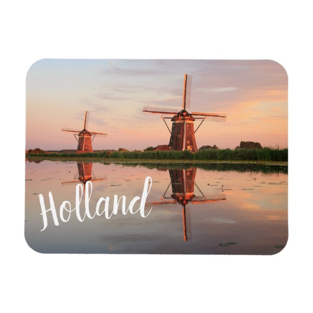 Two windmills with reflection at sunset magnet (Horizontal)