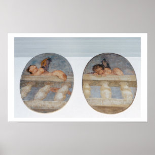Two winged putti climbing over a balustrade, round poster