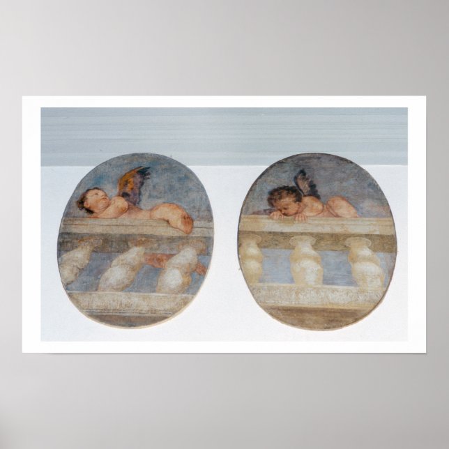 Two winged putti climbing over a balustrade, round poster (Front)