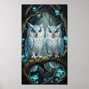 Two wise, ancient white blue owls poster