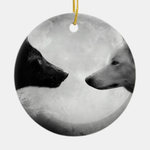 Two wolves facing each other ceramic ornament