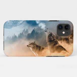 Two wolves howl at the full moon in forest iPhone 11 case