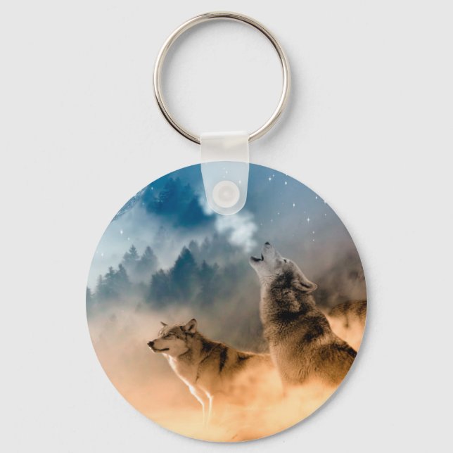 Two wolves howl at the full moon in forest key ring (Front)